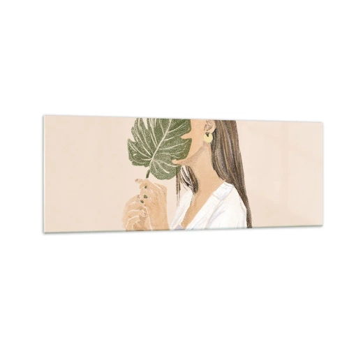 Cuadro sobre vidrio - Impresiones sobre Vidrio - Retrato de una mujer con una hoja de monstera sobre un fondo beige. - 140x50cm - Retrato misterioso con un abanico - Decoración de pared moderna para salón y dormitorio ARTTOR