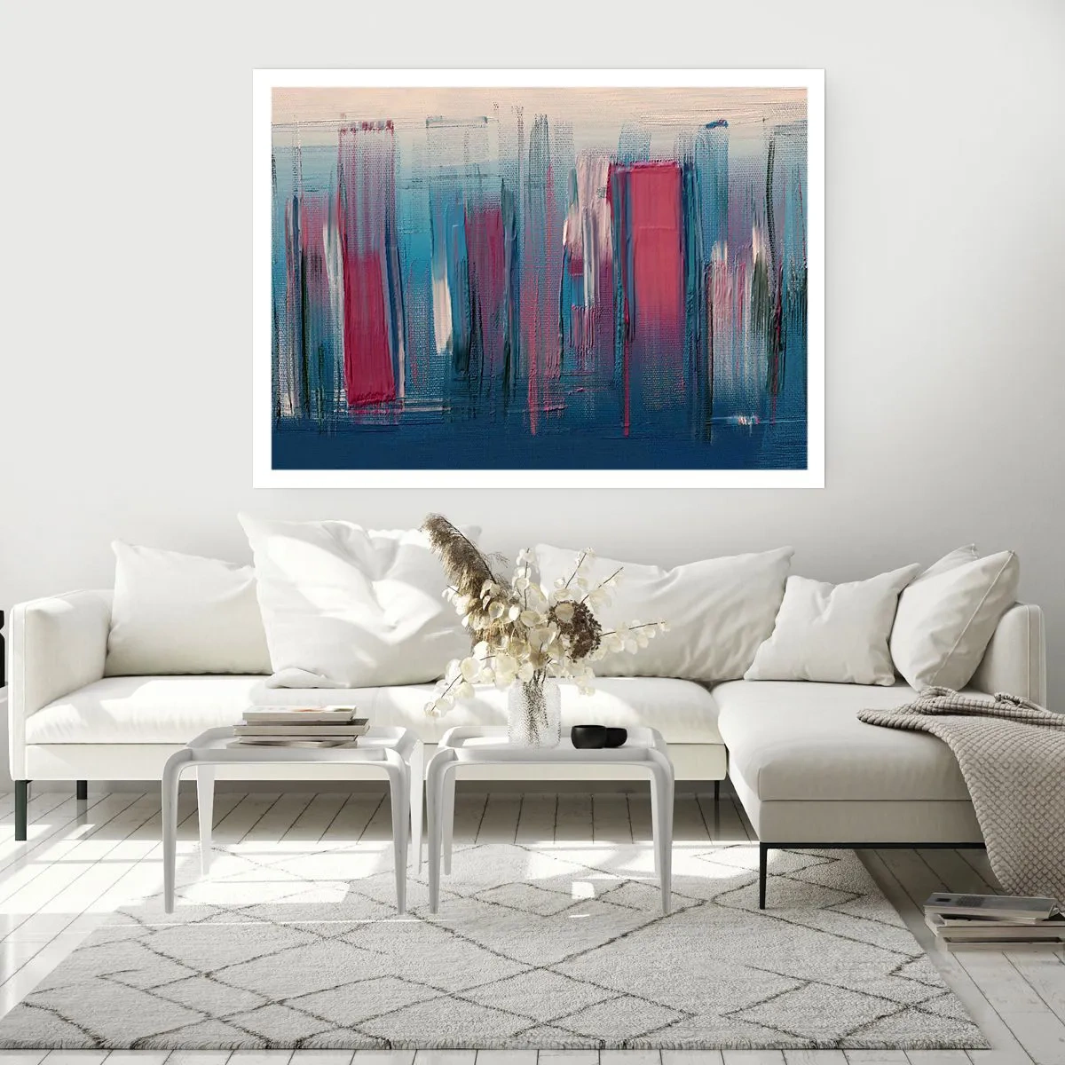 Póster - Formas verticales abstractas en tonos azules y rojos. - 100x70cm - Composición vertical en azul y rojo - Decoración de pared moderna para salón y dormitorio ARTTOR
