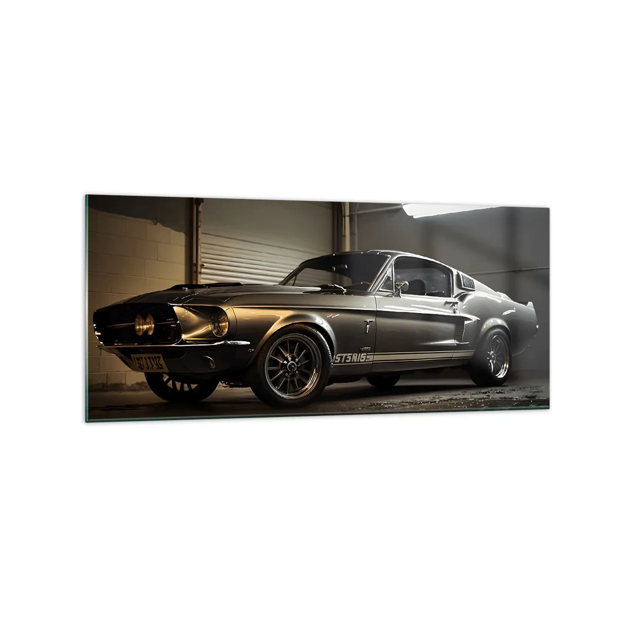 Cuadro sobre vidrio - Impresiones sobre Vidrio - Coche clásico en garaje retro - 120x50cm - Un retorno al pasado - Decoración de pared moderna para salón y dormitorio ARTTOR