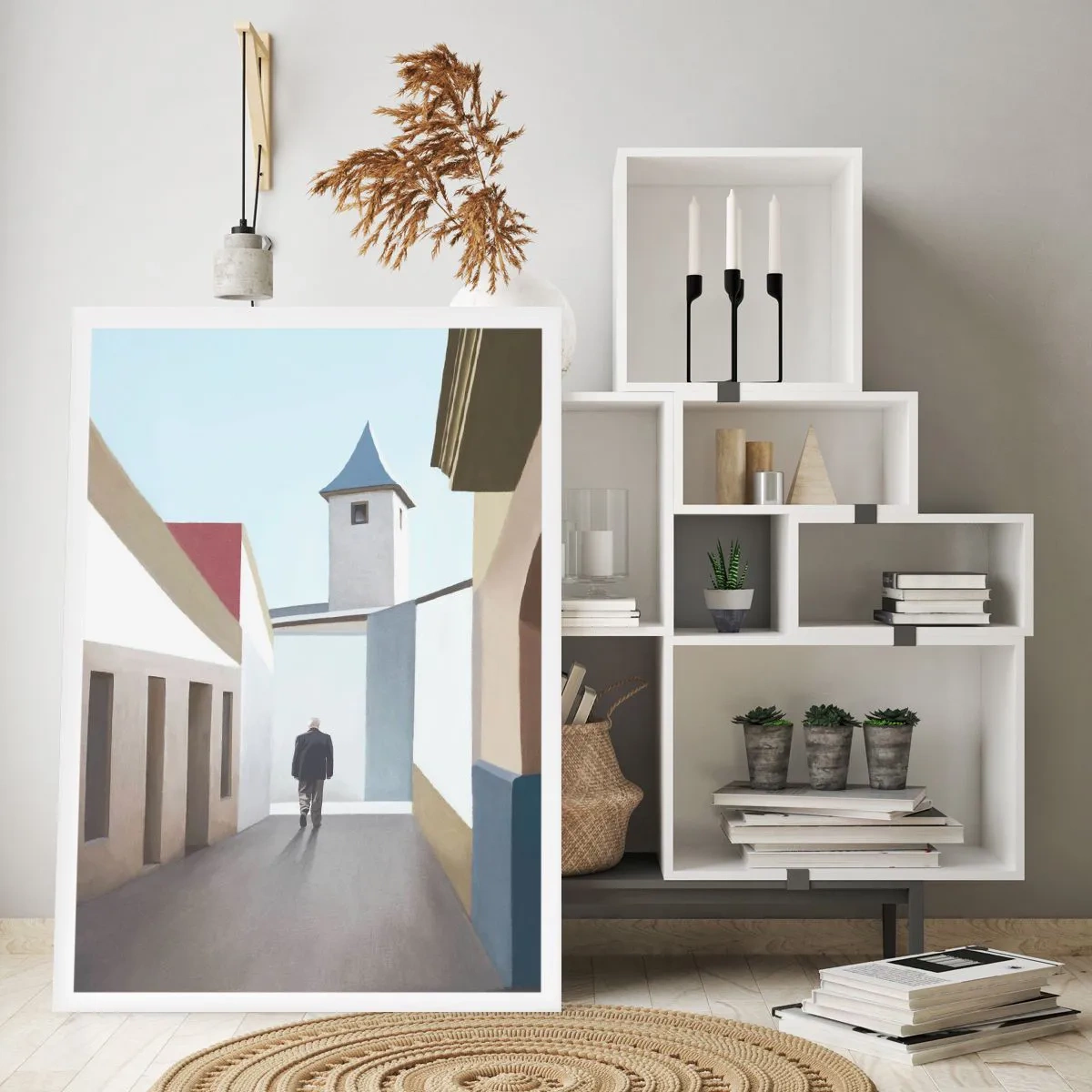 Póster - Una calle minimalista con un transeúnte solitario. - 50x70cm - Paseo soleado - Decoración de pared moderna para salón y dormitorio ARTTOR