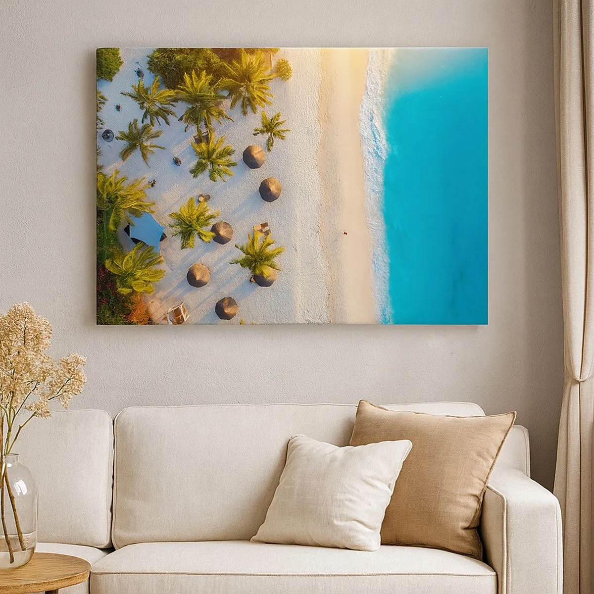 Cuadro sobre lienzo - Impresión de Imagen - Vista de una playa tropical con palmeras y un mar turquesa. - 70x50cm - Bienvenidos al paraíso - Decoración de pared moderna para salón y dormitorio ARTTOR