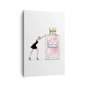Cuadro sobre lienzo - Impresión de Imagen - Una mujer con un vestido negro junto a un frasco de perfume. - 70x100cm - La esencia de la feminidad - Decoración de pared moderna para salón y dormitorio ARTTOR