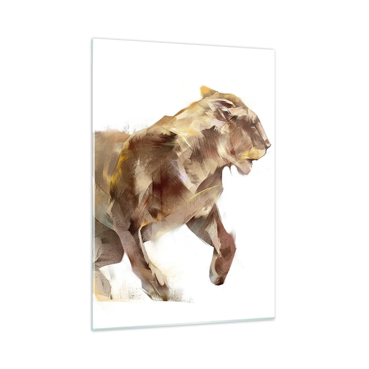 Cuadro sobre vidrio - Impresiones sobre Vidrio - Silueta dinámica de un león en estilo artístico sobre fondo blanco. - 50x70cm - Gracia salvaje - Decoración de pared moderna para salón y dormitorio ARTTOR