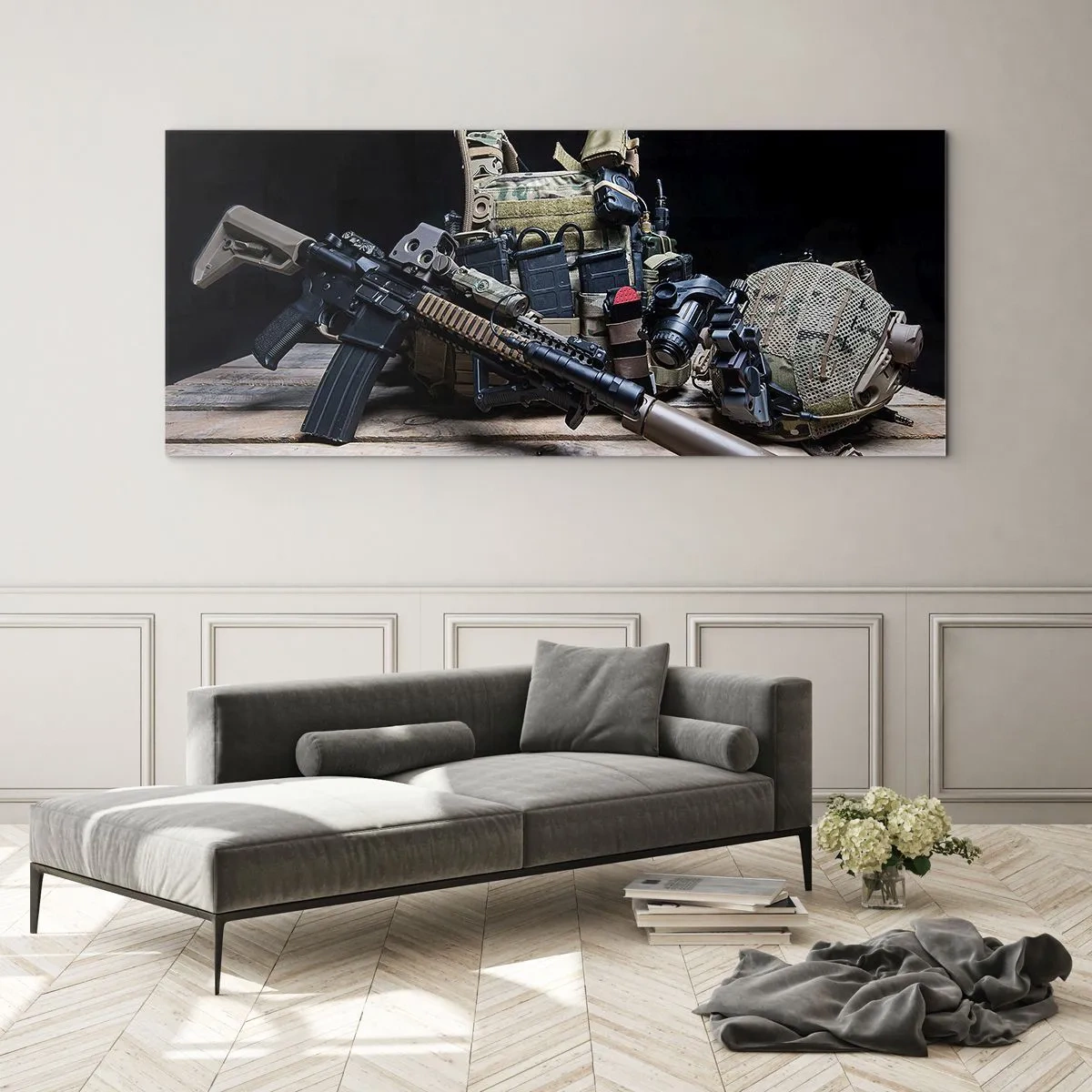 Cuadro sobre vidrio - Impresiones sobre Vidrio - Equipo táctico con un rifle sobre una mesa de madera. - 140x50cm - ¡Descansen! - Decoración de pared moderna para salón y dormitorio ARTTOR