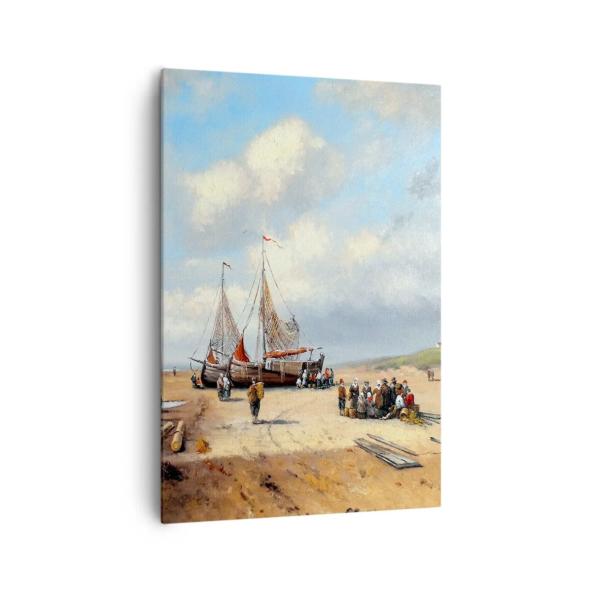 Cuadro sobre lienzo - Impresión de Imagen - Barcos de pesca en la playa con figuras humanas - 70x100cm - Después de una pesca exitosa - Decoración de pared moderna para salón y dormitorio ARTTOR