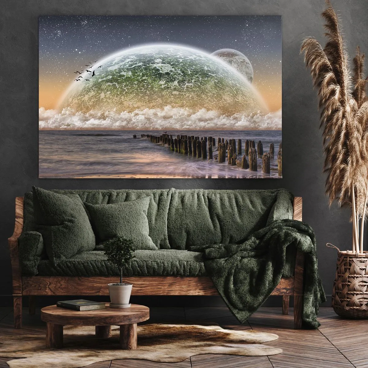 Cuadro sobre lienzo - Impresión de Imagen - Un paisaje fantástico con un gran planeta sobre el mar y un muelle de madera. - 70x50cm - Y el mundo emergió del agua - Decoración de pared moderna para salón y dormitorio ARTTOR