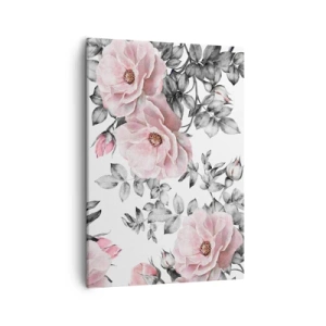 Cuadro sobre lienzo - Impresión de Imagen - Rosas rosas y hojas sobre un delicado fondo blanco y negro. - 50x70cm - Entre las rosas - Decoración de pared moderna para salón y dormitorio ARTTOR