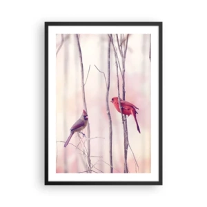 Póster en marco negro - Una pareja de cardenales sobre un fondo de delicadas ramas. - 50x70cm - Historia de un bosque rosa - Decoración de pared moderna para salón y dormitorio ARTTOR