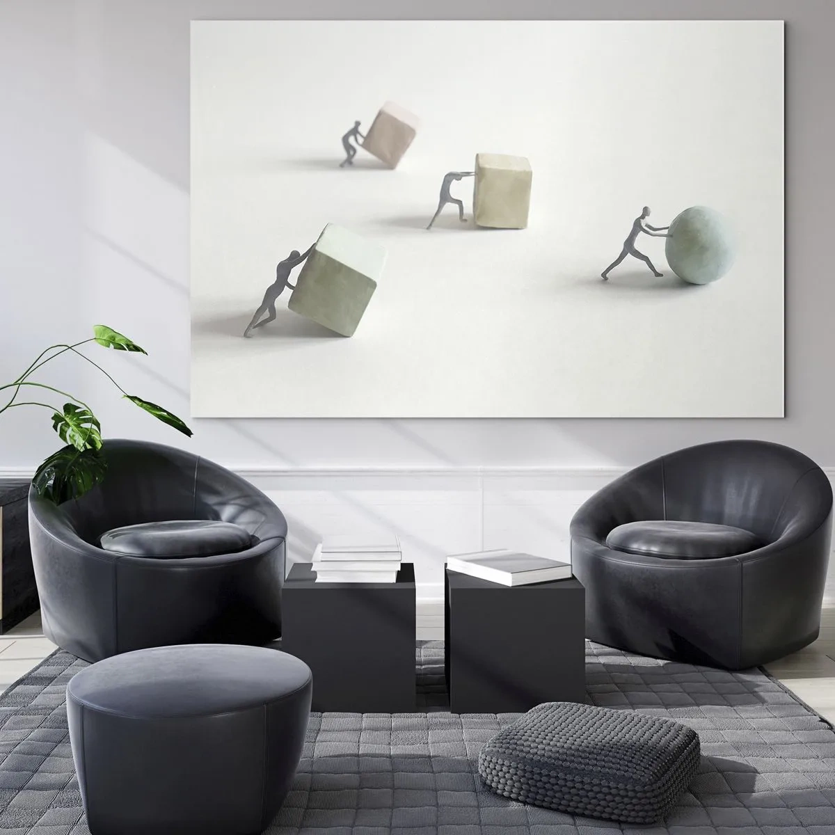 Cuadro sobre vidrio - Impresiones sobre Vidrio - Las figuras en miniatura ruedan y empujan formas geométricas. - 100x70cm - El avance de la geometría - Decoración de pared moderna para salón y dormitorio ARTTOR