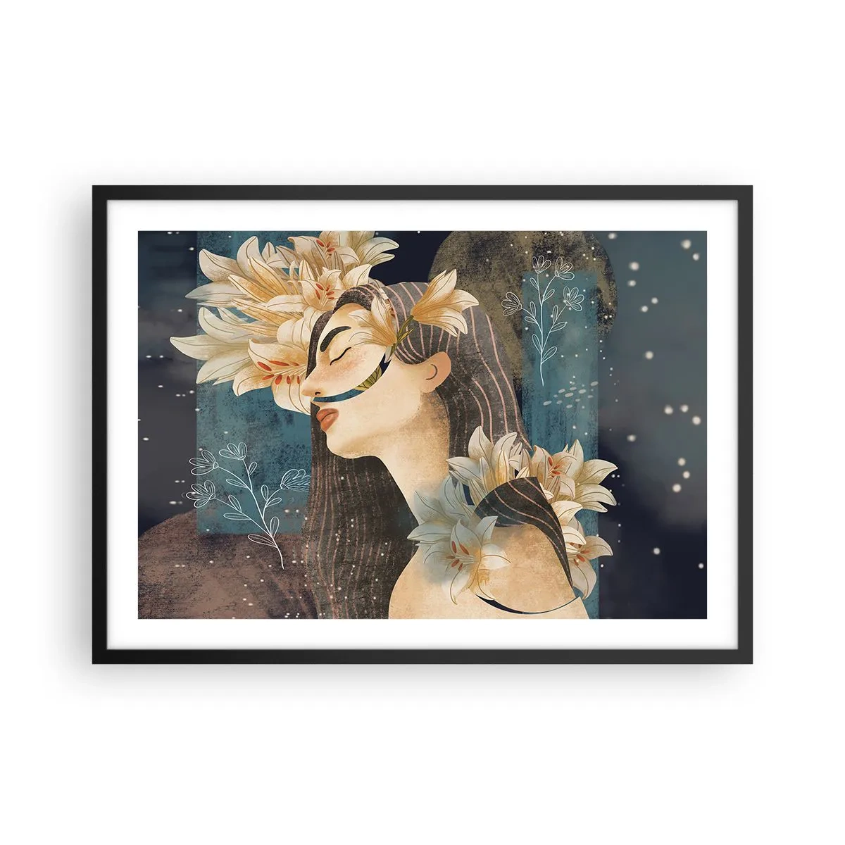 Póster en marco negro - Retrato de una mujer con flores en estilo artístico sobre un fondo oscuro. - 70x50cm - Cuento de princesa con lirios - Decoración de pared moderna para salón y dormitorio ARTTOR