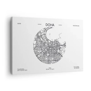 Cuadro sobre lienzo - Impresión de Imagen - Un mapa minimalista de Doha en blanco y negro con detalles precisos. - 70x50cm - Anatomía de Doha - Decoración de pared moderna para salón y dormitorio ARTTOR