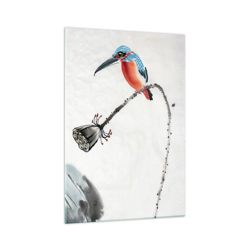 Cuadro sobre vidrio - Impresiones sobre Vidrio - Un pájaro colorido sobre un fondo de vegetación y una libélula. - 70x100cm - La vida de la pradera - Decoración de pared moderna para salón y dormitorio ARTTOR