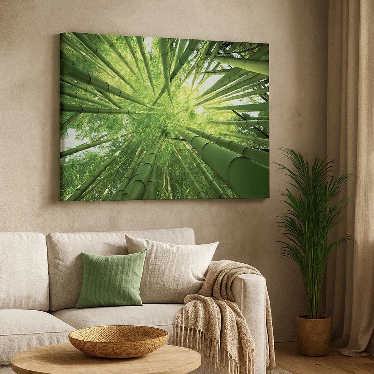 Cuadro sobre lienzo - Impresión de Imagen - Vista hacia arriba a través de un bosque de bambú verde. - 70x50cm - En un bosquecillo de bambú - Decoración de pared moderna para salón y dormitorio ARTTOR