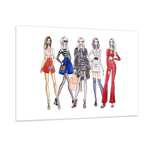 Cuadro sobre vidrio - Impresiones sobre Vidrio - Personajes de moda con atuendos elegantes en la ilustración. - 120x80cm - Every week Fashion Week - Decoración de pared moderna para salón y dormitorio ARTTOR