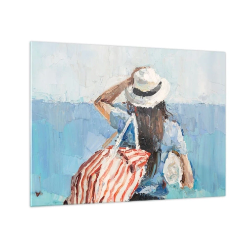 Cuadro sobre vidrio - Impresiones sobre Vidrio - Una mujer con un bolso de rayas mirando al mar en un día soleado. - 70x50cm - Bienvenida a tus vacaciones - Decoración de pared moderna para salón y dormitorio ARTTOR