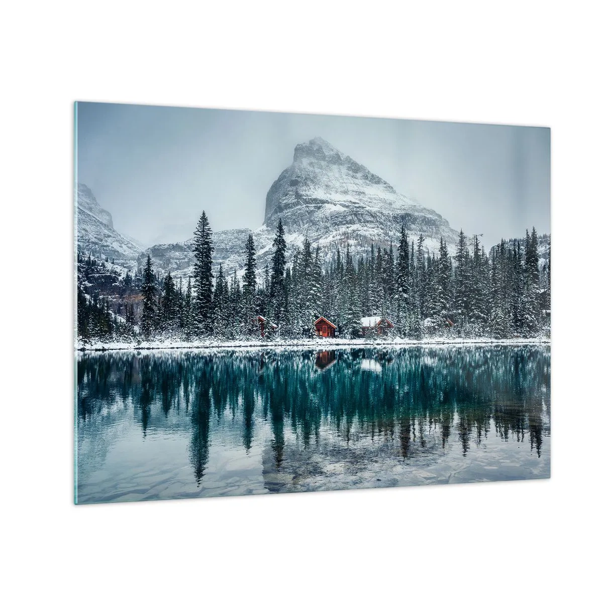 Cuadro sobre vidrio - Impresiones sobre Vidrio - Paisaje invernal con montañas, bosques y cabañas junto al lago. - 70x50cm - Retiro canadiense - Decoración de pared moderna para salón y dormitorio ARTTOR