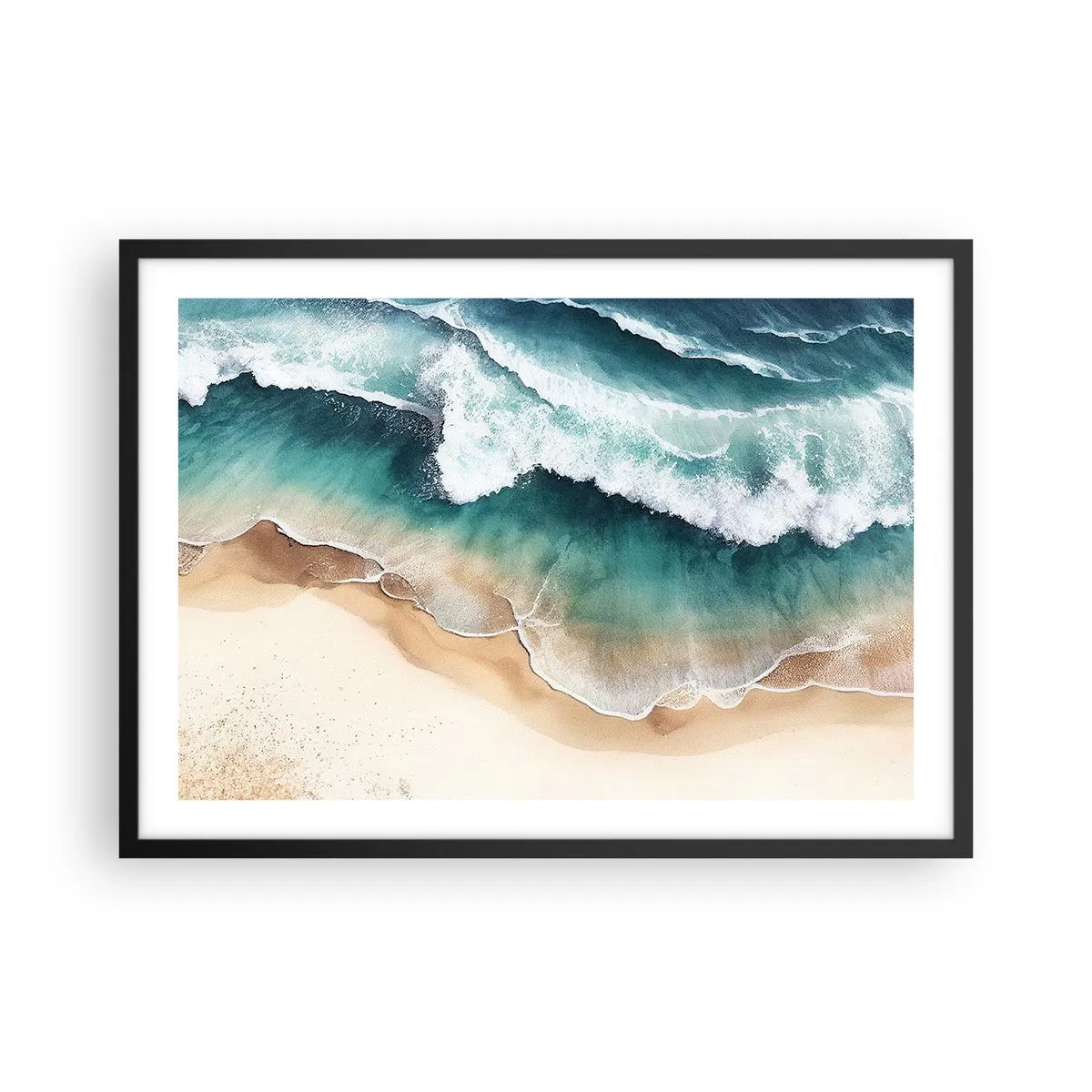 Póster en marco negro - Vista de la playa y las olas del mar en tonos turquesa. - 70x50cm - Un encuentro eterno - Decoración de pared moderna para salón y dormitorio ARTTOR