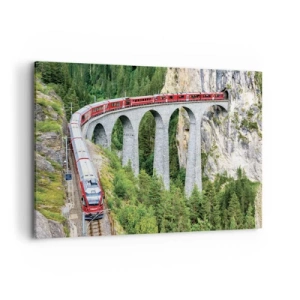 Cuadro sobre lienzo - Impresión de Imagen - Un tren en un pintoresco viaducto en un paisaje montañoso. - 120x80cm - Atravesando las montañas - Decoración de pared moderna para salón y dormitorio ARTTOR