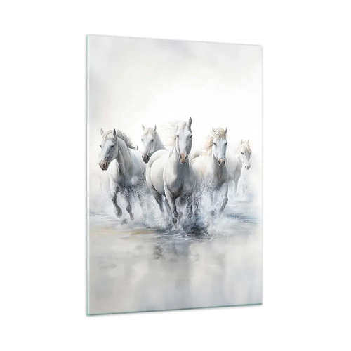 Cuadro sobre vidrio - Impresiones sobre Vidrio - Caballos blancos galopando a través del agua en una composición dinámica - 50x70cm - Magia blanca - Decoración de pared moderna para salón y dormitorio ARTTOR