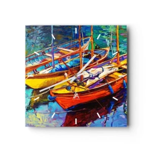 Reloj de pared - Reloj de vidrio - Barcos coloridos en aguas tranquilas - 30x30cm - Sobre el agua espesa de color - Decoración de pared moderna para salón y dormitorio ARTTOR
