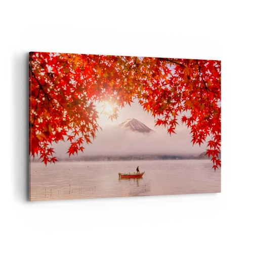 Cuadro sobre lienzo - Impresión de Imagen - Un barco en un lago rodeado de hojas de arce rojas. - 120x80cm - Estilo japonés - Decoración de pared moderna para salón y dormitorio ARTTOR