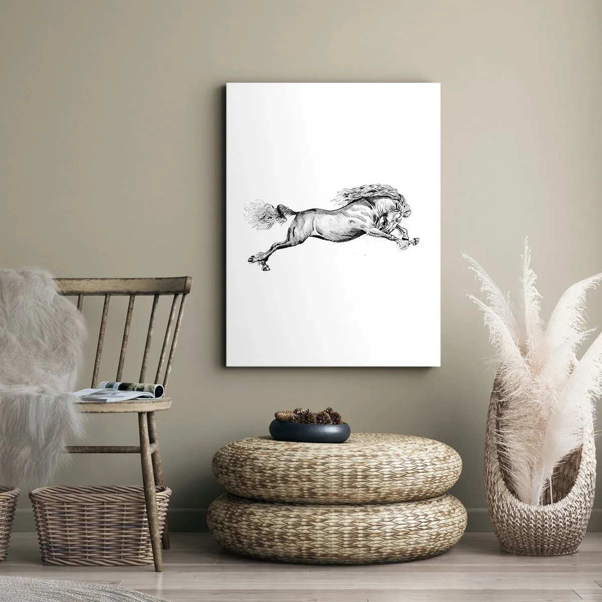 Cuadro sobre lienzo - Impresión de Imagen - Boceto de un caballo al galope dinámico sobre un fondo blanco. - 50x70cm - Captura al galope - Decoración de pared moderna para salón y dormitorio ARTTOR