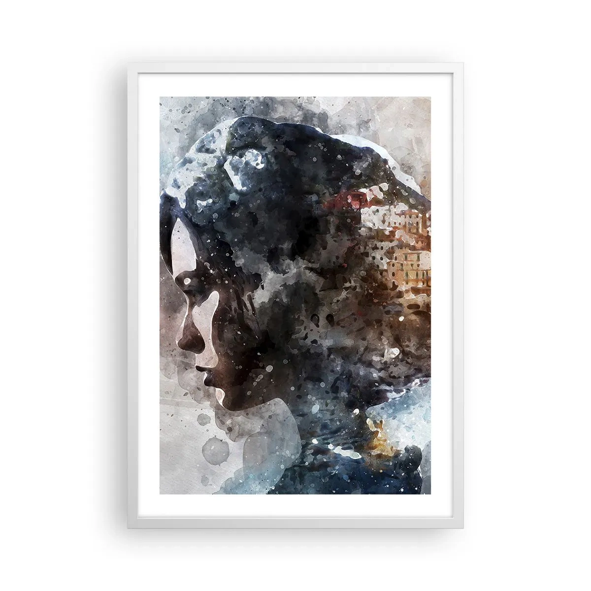 Póster en marco blanco - Una historia sobre una niña con una ciudad de fondo - 50x70 cm