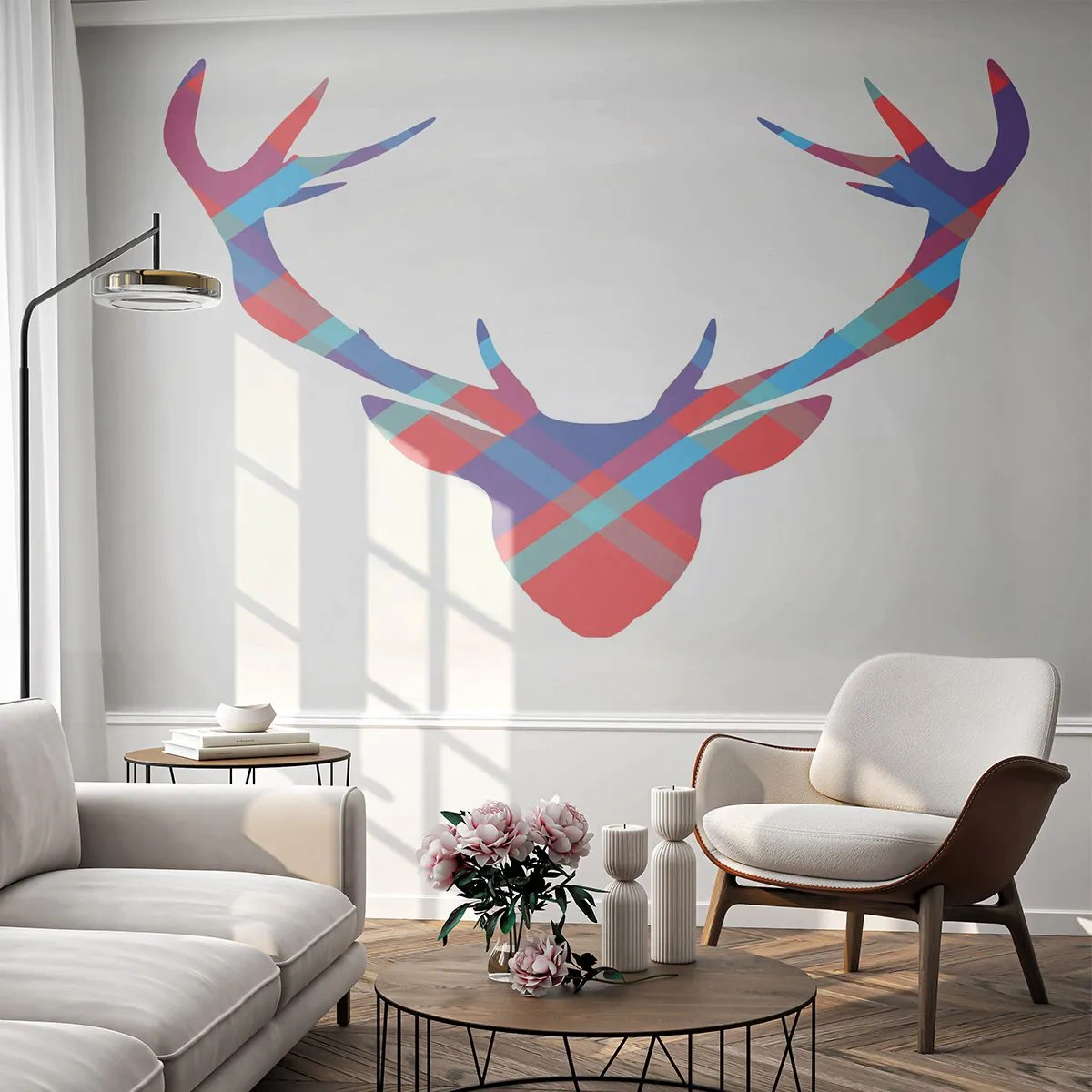 Fotomural Premium Canvas - Imagen geométrica de un ciervo sobre un fondo claro. - 100x70cm - Un ciervo escocés - Decoración de pared moderna para salón y dormitorio ARTTOR