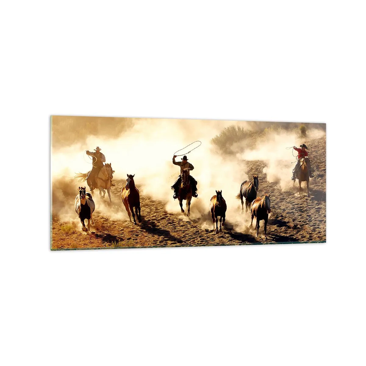 Cuadro sobre vidrio - Impresiones sobre Vidrio - Vaqueros a caballo en acción en el terreno desértico. - 120x50cm - El salvaje oeste - Decoración de pared moderna para salón y dormitorio ARTTOR