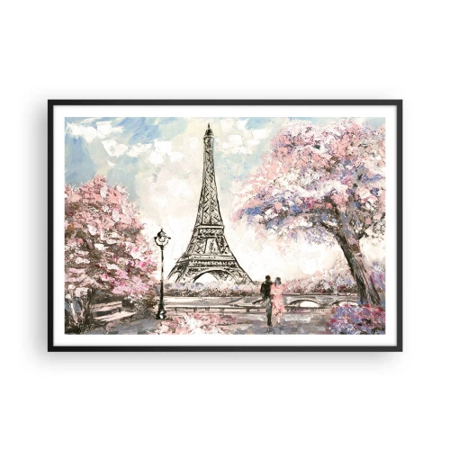 Póster en marco negro - La Torre Eiffel rodeada de árboles en flor. - 100x70cm - Un paseo por París en abril - Decoración de pared moderna para salón y dormitorio ARTTOR