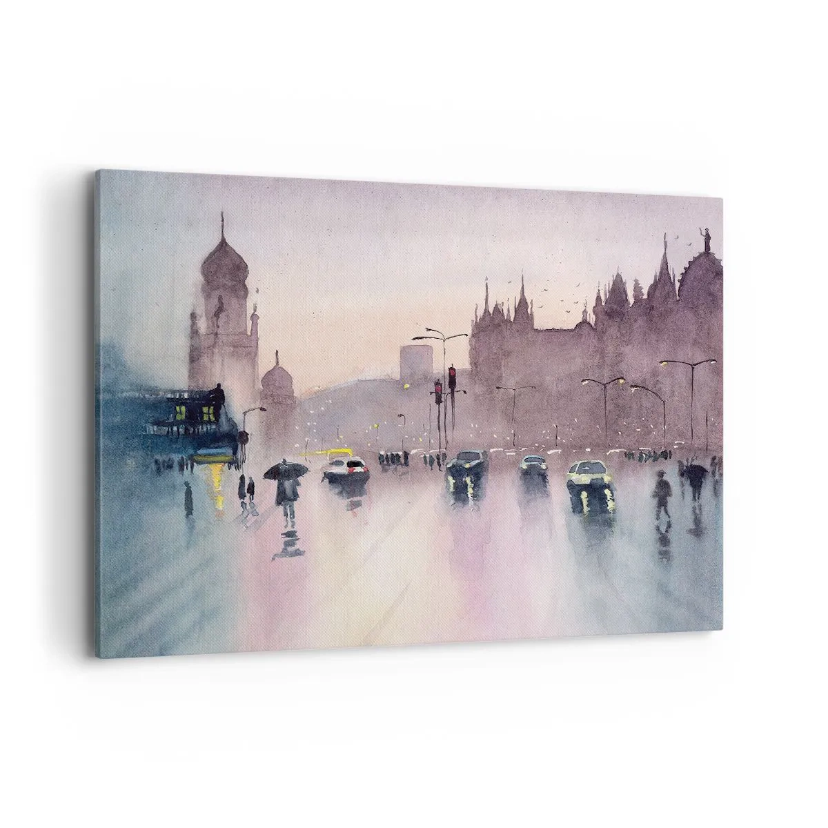 Cuadro sobre lienzo - Impresión de Imagen - Una calle de la ciudad al anochecer en estilo acuarela. - 120x80cm - En una niebla lluviosa - Decoración de pared moderna para salón y dormitorio ARTTOR
