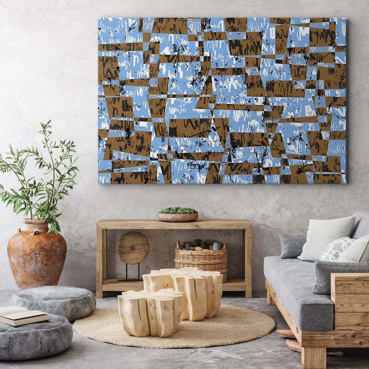 Cuadro sobre lienzo - Impresión de Imagen - Una composición abstracta de rectángulos en tonos marrones y azules. - 70x50cm - Un recorte del desierto - Decoración de pared moderna para salón y dormitorio ARTTOR