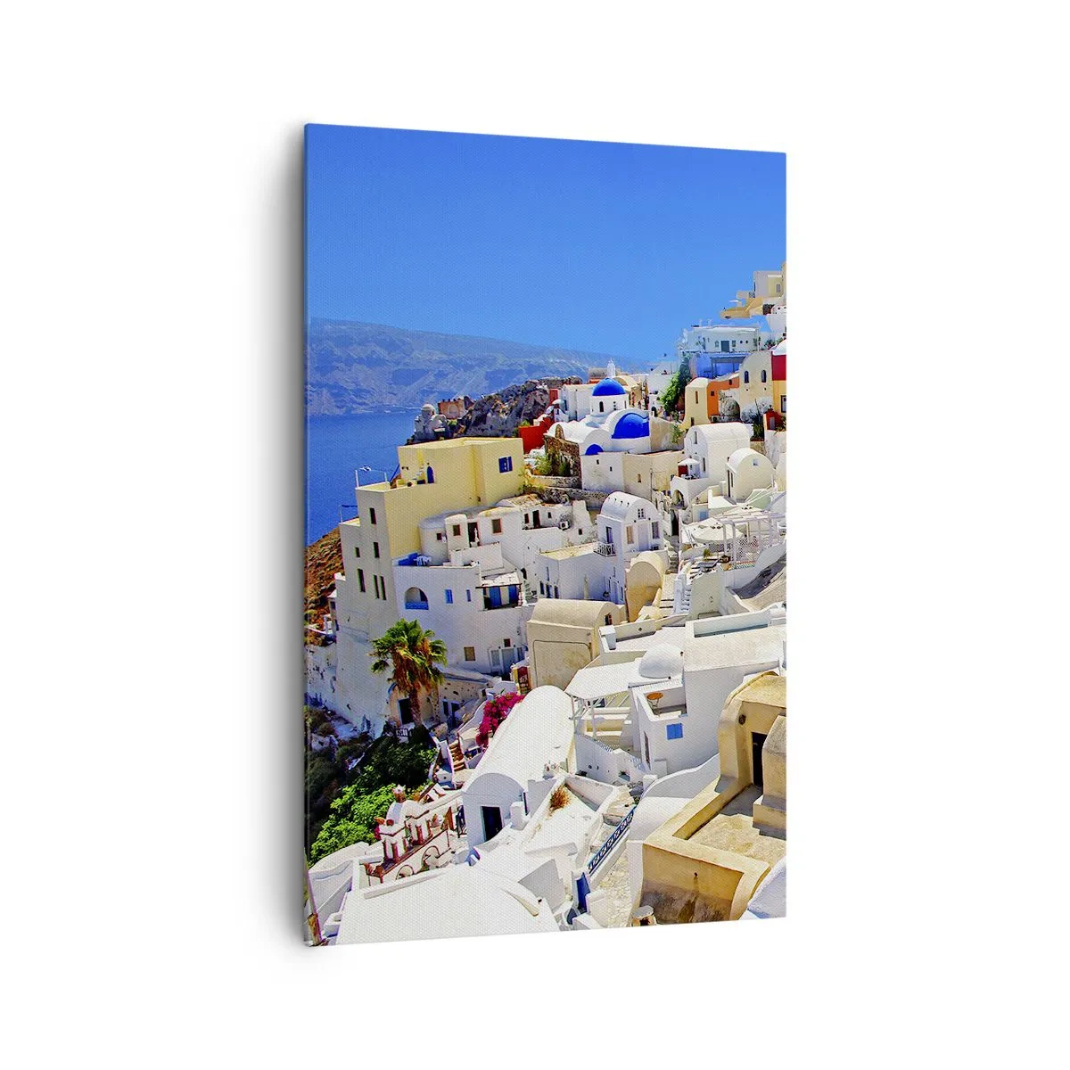 Cuadro sobre lienzo - Impresión de Imagen - Panorama de Santorini con casas blancas y cielo azul - 80x120cm - Sueño de un verano griego - Decoración de pared moderna para salón y dormitorio ARTTOR