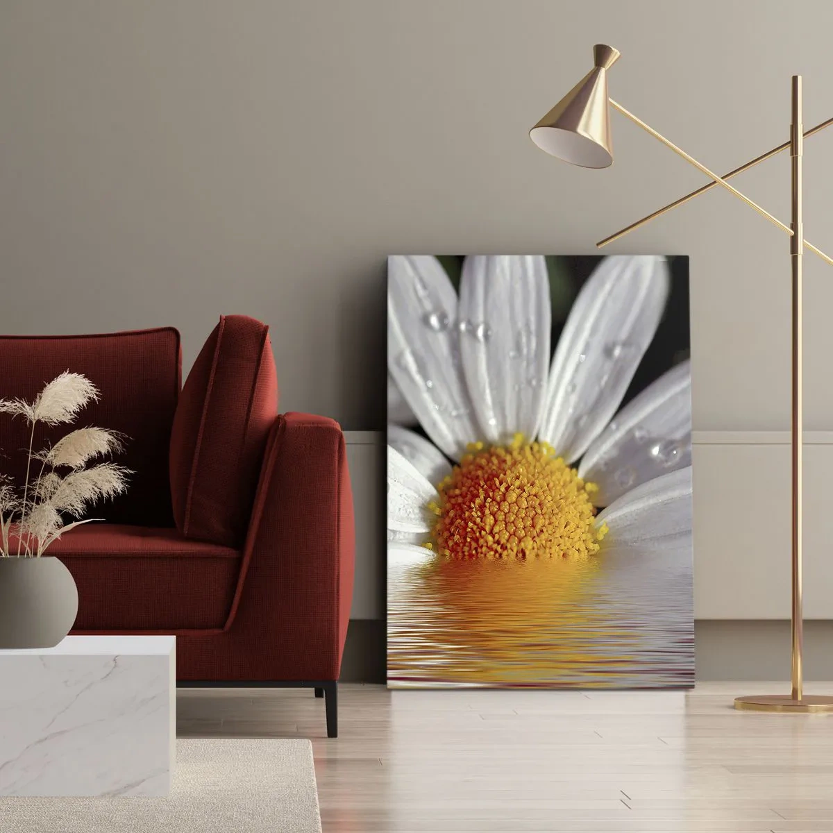 Cuadro sobre lienzo - Impresión de Imagen - Una margarita blanca con gotas de agua inmersas en un reflejo de agua. - 50x70cm - El sol naciente de una margarita - Decoración de pared moderna para salón y dormitorio ARTTOR