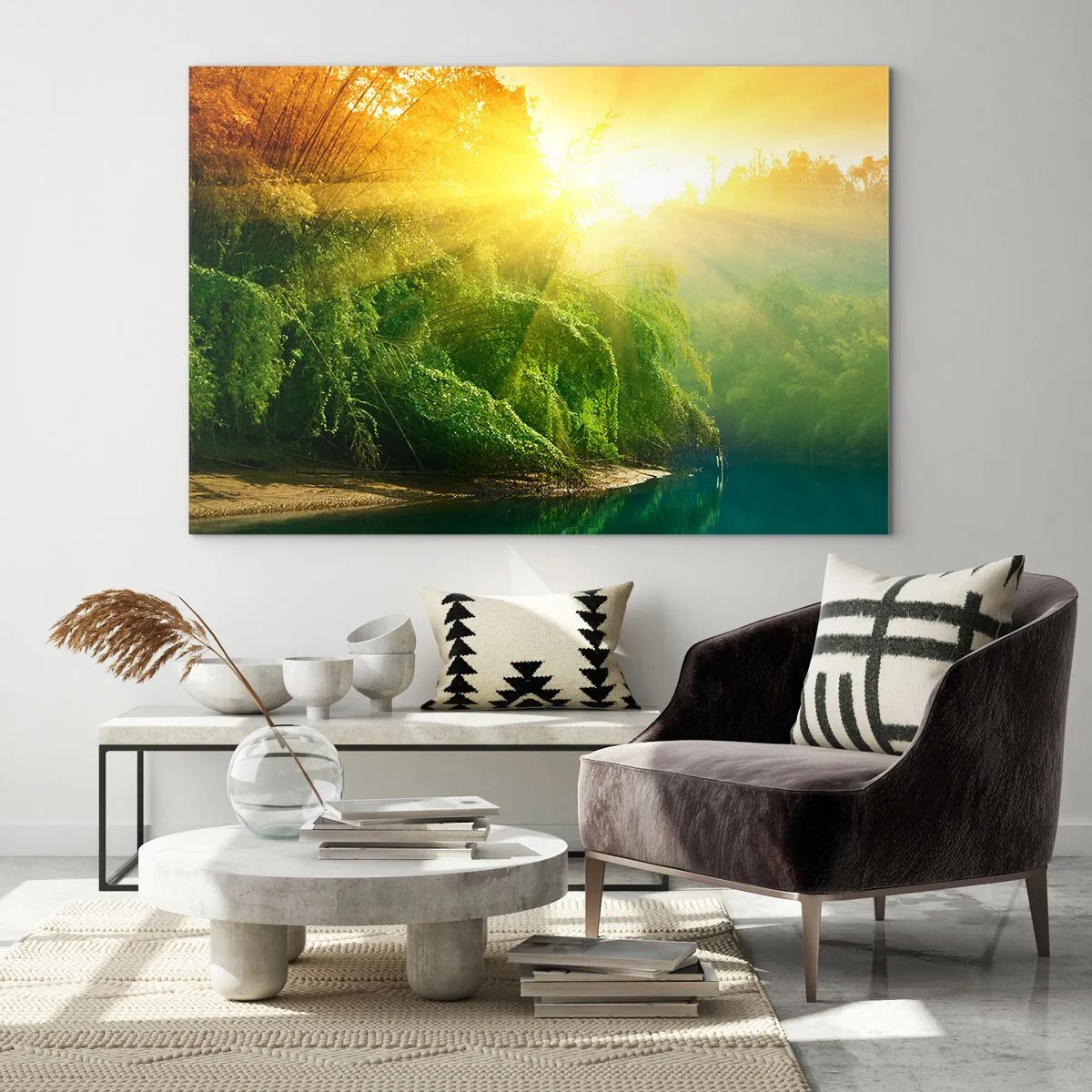 Cuadro sobre vidrio - Impresiones sobre Vidrio - Rayos de sol sobre la vegetación verde junto al río. - 120x80cm - Ahogarse en el sol y la sombra - Decoración de pared moderna para salón y dormitorio ARTTOR
