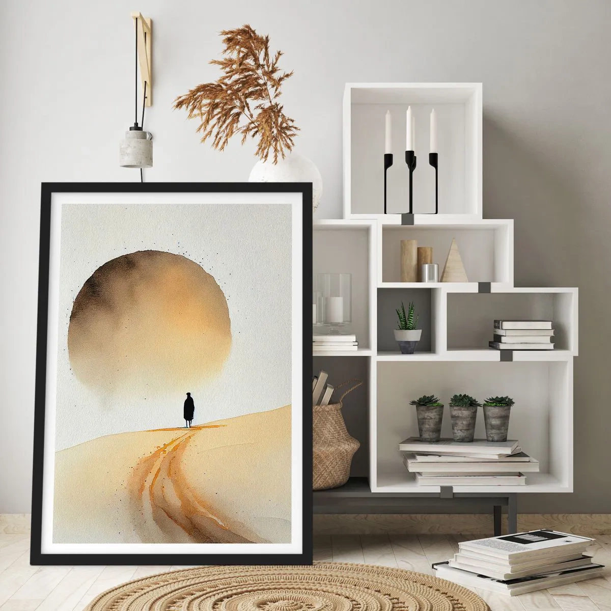 Póster en marco negro - Silueta de un viajero en una carretera desértica - 50x70cm - Siempre un anhelo - Decoración de pared moderna para salón y dormitorio ARTTOR