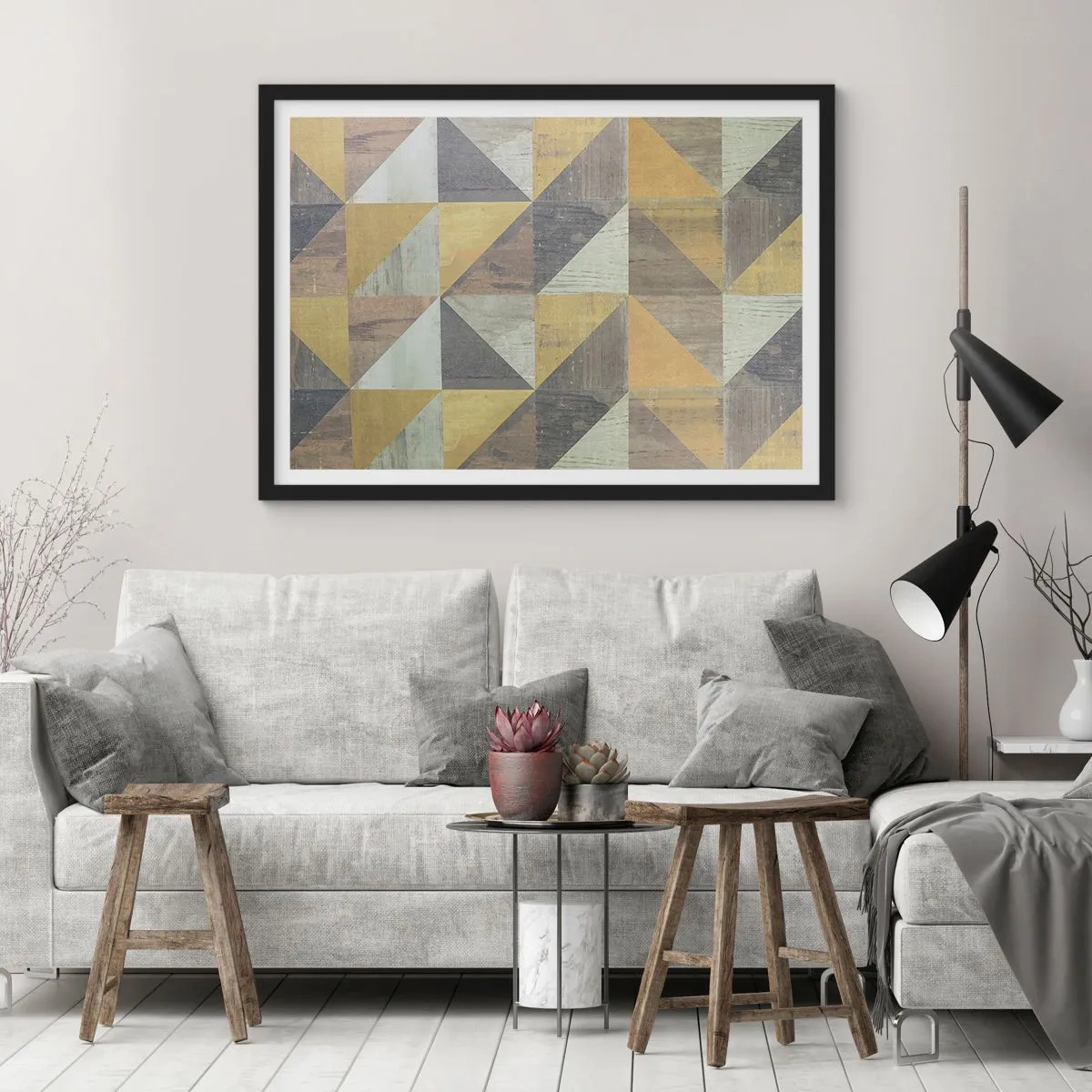 Póster en marco negro - Composición geométrica de triángulos en tonos tierra. - 100x70cm - El arte de los triángulos - Decoración de pared moderna para salón y dormitorio ARTTOR