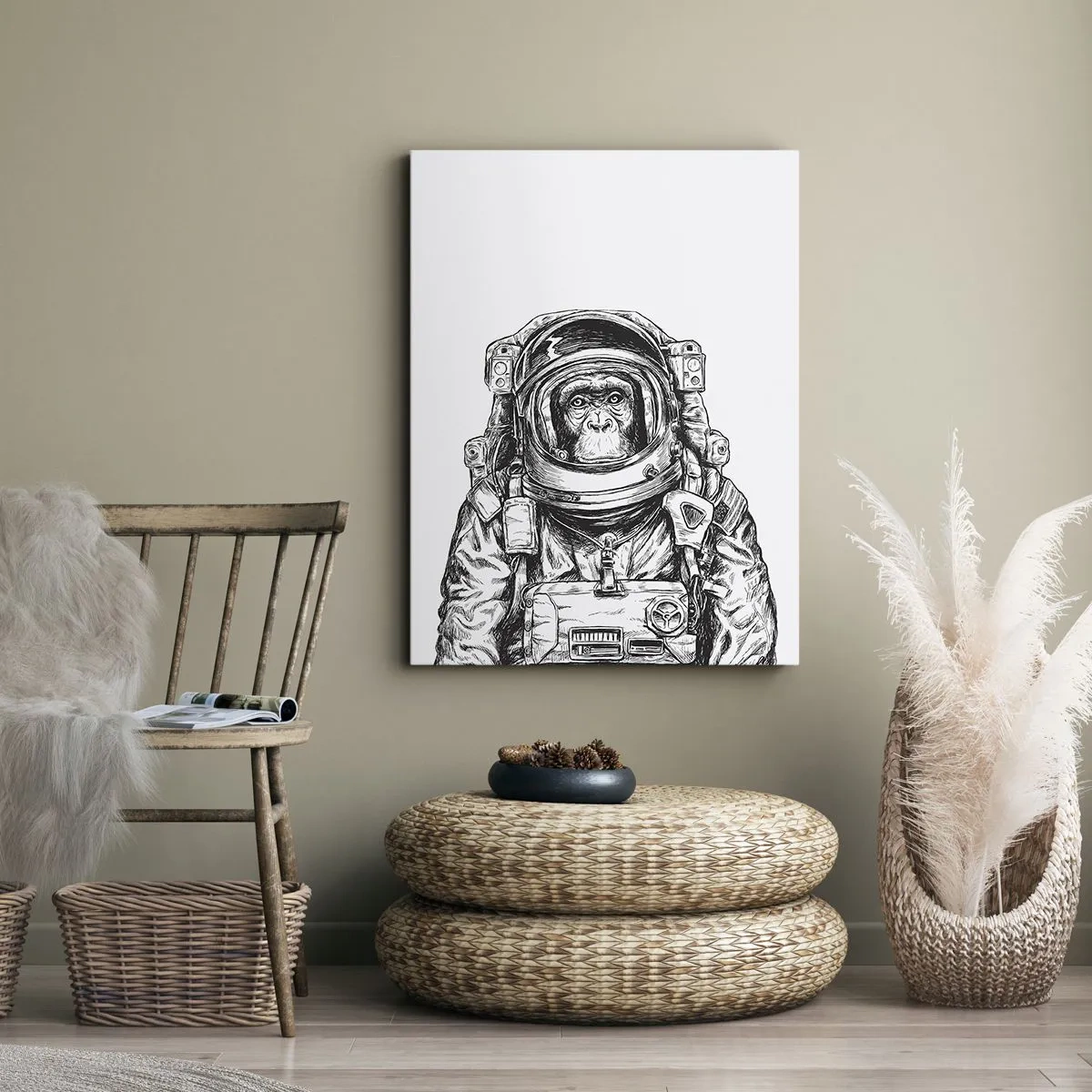 Cuadro sobre lienzo - Impresión de Imagen - Gráfico de un astronauta en un traje espacial con cabeza de mono. - 80x120cm - Evolución alternativa - Decoración de pared moderna para salón y dormitorio ARTTOR