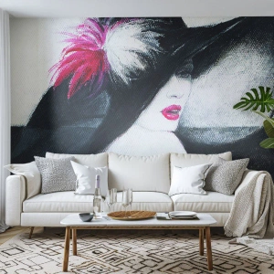 Fotomural Premium Canvas - Siempre un misterio - mujer con sombrero, cara de mujer, labios rojos - 300x210 cm