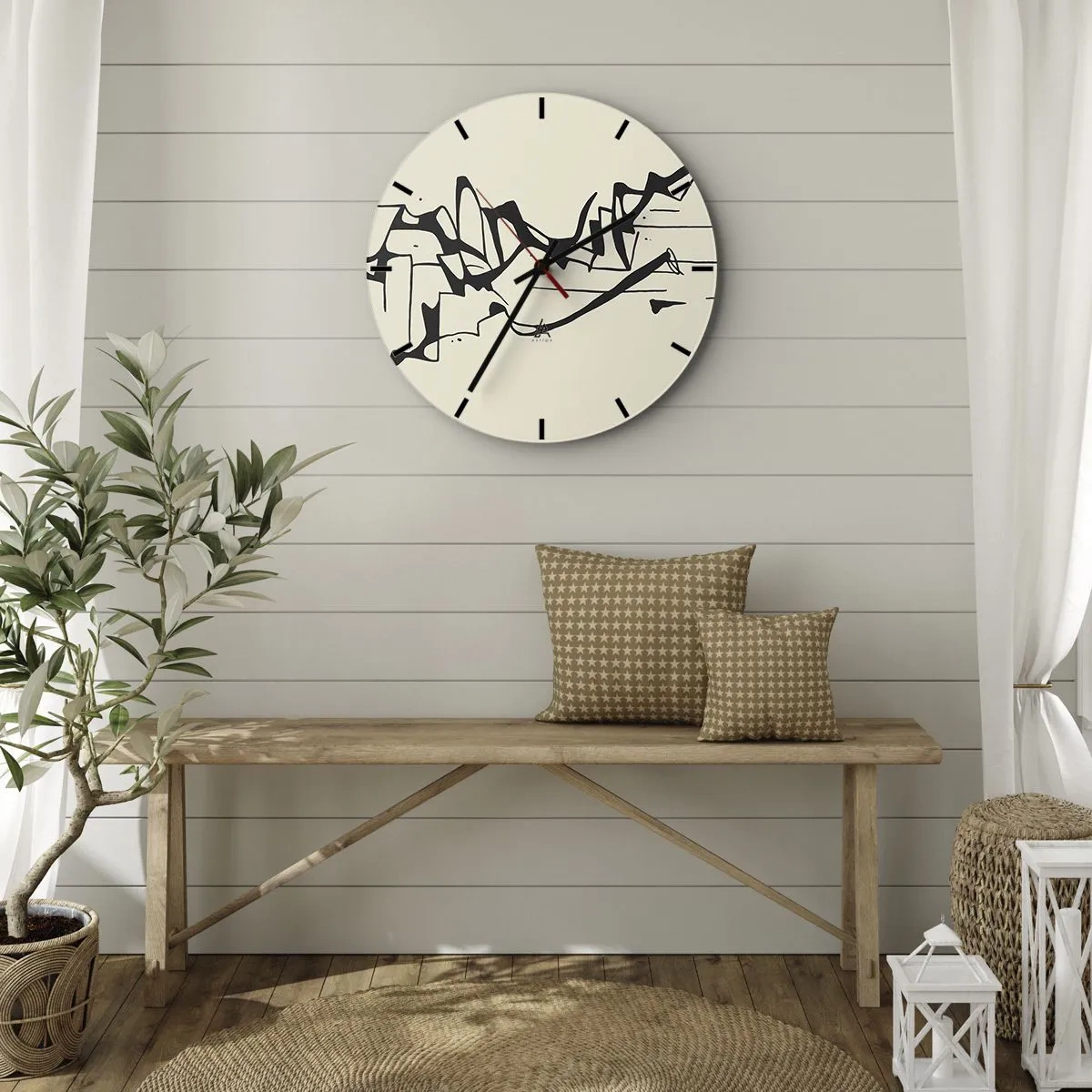 Reloj de pared - Reloj de vidrio - Líneas negras abstractas sobre un fondo crema que se asemejan a un paisaje. - 30x30cm - Tal vez sea un paisaje - Decoración de pared moderna para salón, cocina y dormitorio ARTTOR