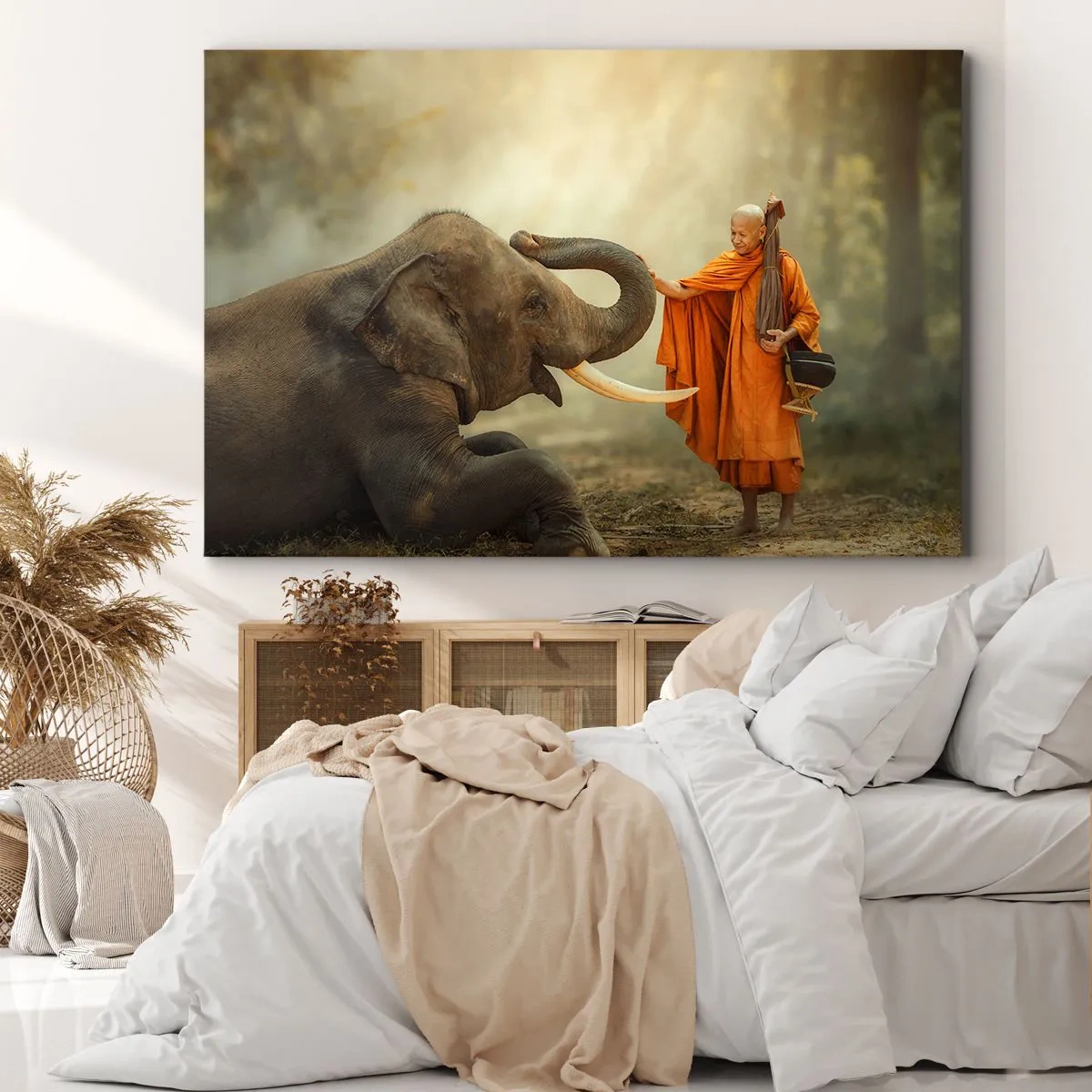 Cuadro sobre lienzo - Impresión de Imagen - Un monje y un elefante en armonía con la naturaleza como telón de fondo. - 70x50cm - Un encuentro en un viaje - Decoración de pared moderna para salón y dormitorio ARTTOR