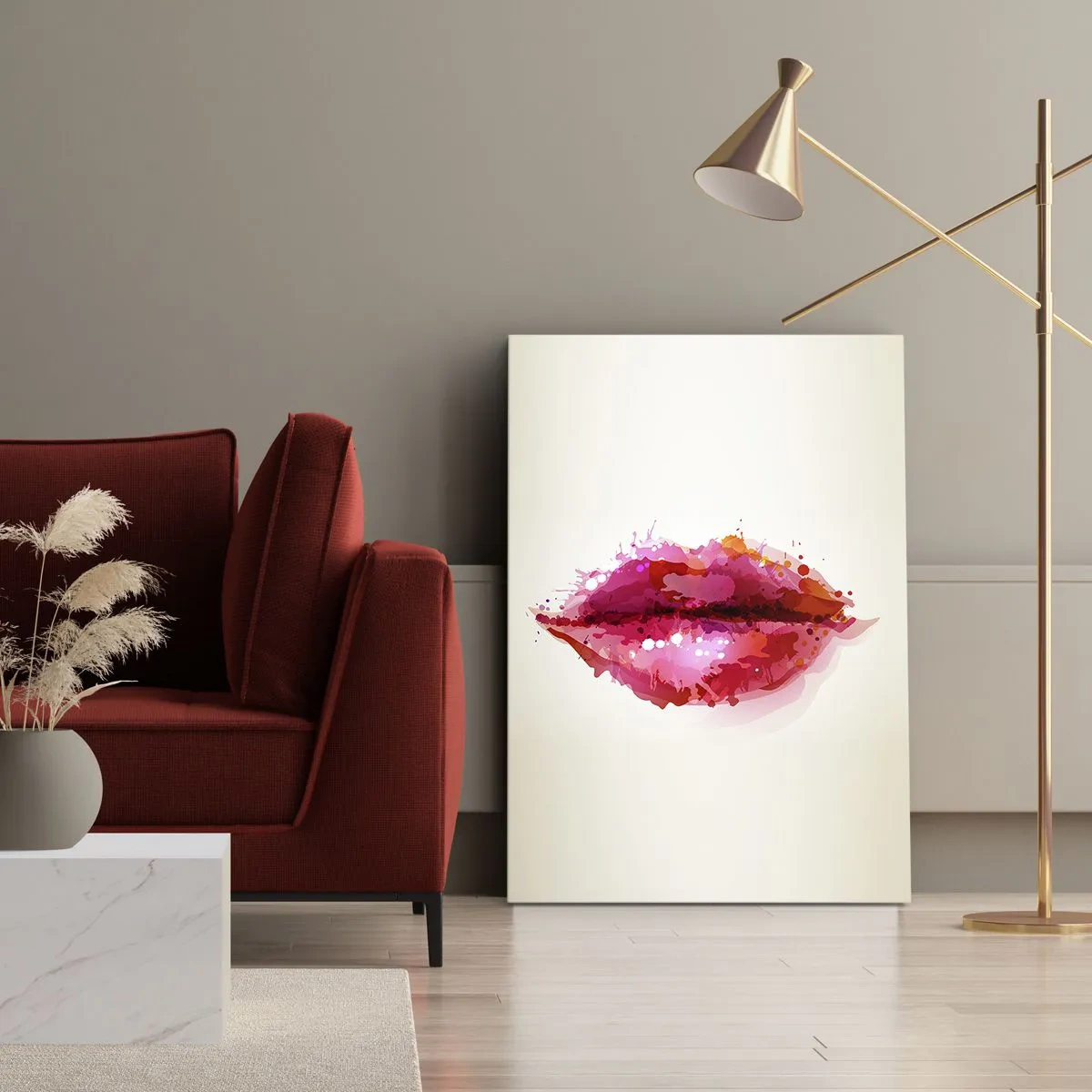 Cuadro sobre lienzo - Impresión de Imagen - Motivo abstracto de labios en tonos rosa y rojo. - 50x70cm - Un tono más rojo - Decoración de pared moderna para salón y dormitorio ARTTOR