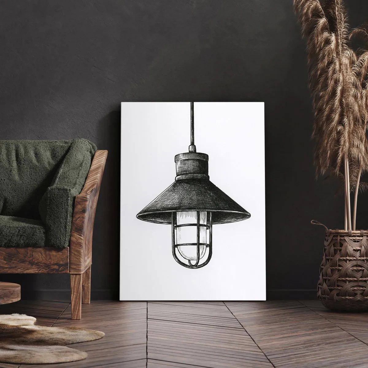 Cuadro sobre lienzo - Impresión de Imagen - Dibujo de una lámpara colgante retro sobre fondo blanco. - 50x70cm - Como hace años... - Decoración de pared moderna para salón y dormitorio ARTTOR