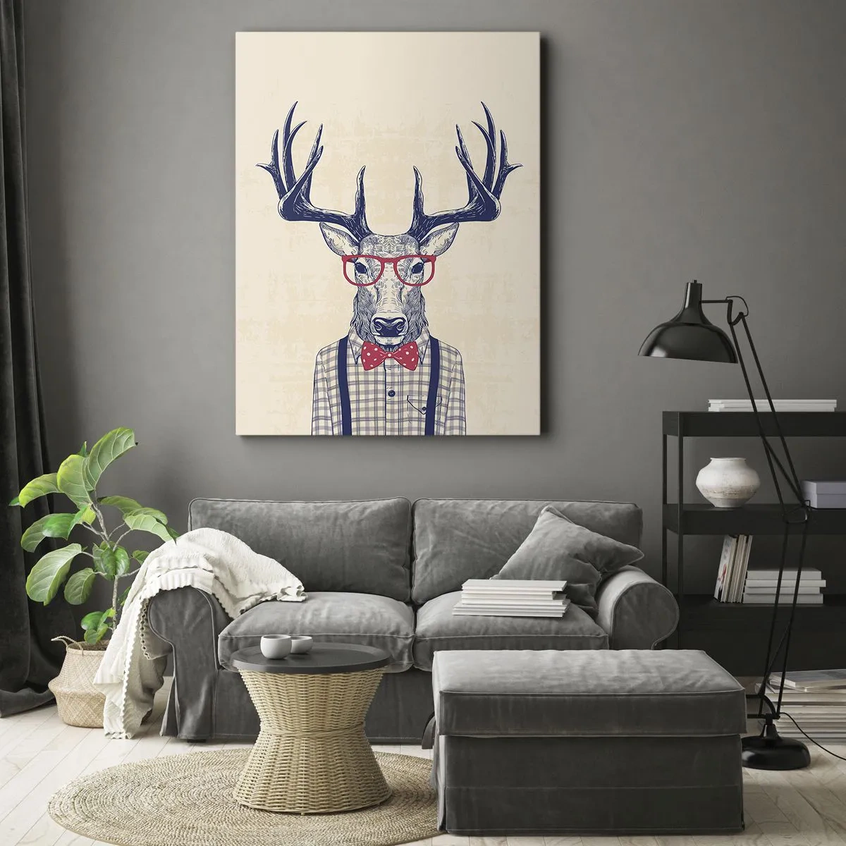 Cuadro sobre lienzo - Impresión de Imagen - Gráfico estilizado de un ciervo con gafas y pajarita. - 50x70cm - Una extravagancia lúdica - Decoración de pared moderna para salón y dormitorio ARTTOR