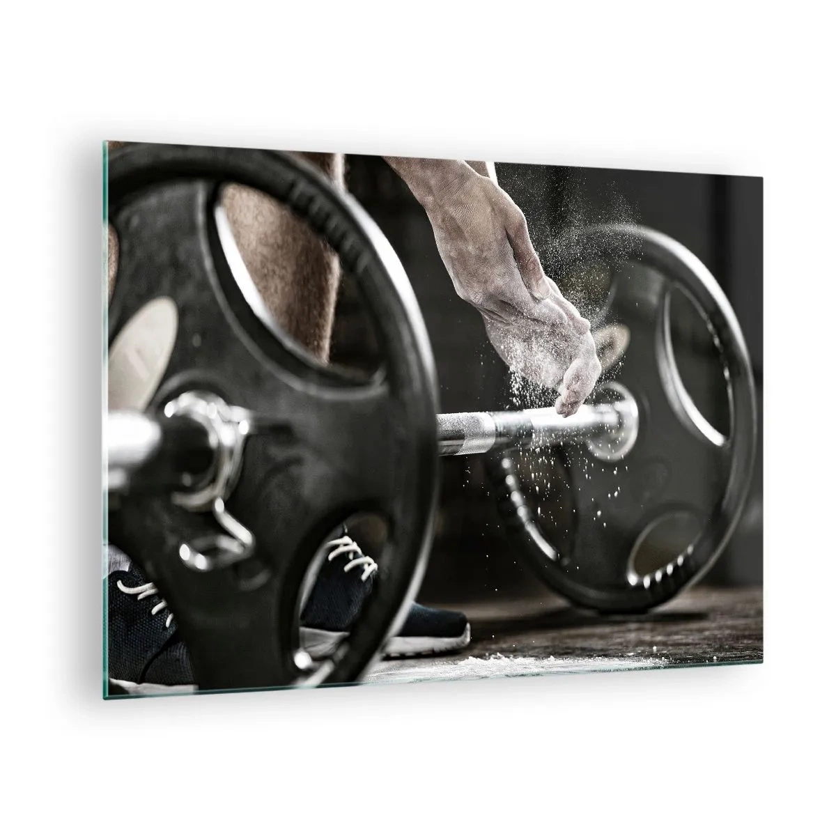Cuadro sobre vidrio - Impresiones sobre Vidrio - Levantamiento de pesas con tiza en las manos y una barra - 70x50cm - ¡Reto aceptado! - Decoración de pared moderna para salón y dormitorio ARTTOR