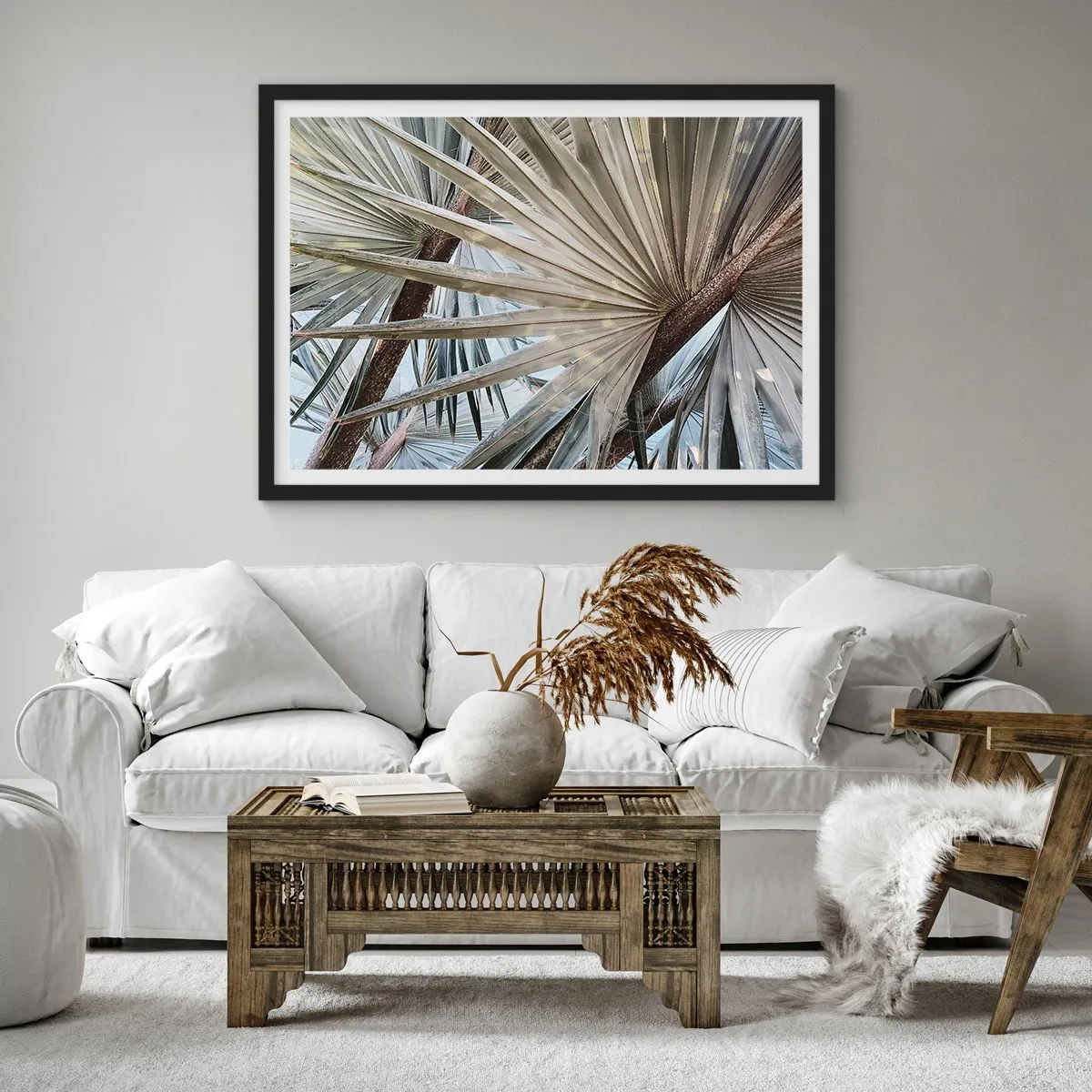 Póster en marco negro - Primer plano de hojas de palma en tonos naturales de verde. - 70x50cm - Abanicos en el trópico - Decoración de pared moderna para salón y dormitorio ARTTOR
