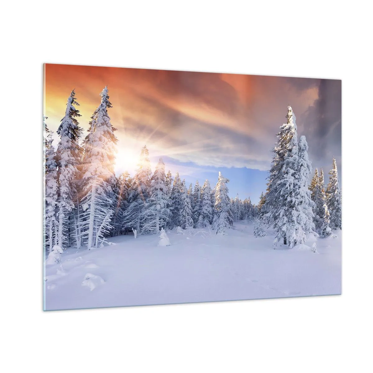Cuadro sobre vidrio - Impresiones sobre Vidrio - Paisaje invernal con árboles cubiertos de nieve al atardecer - 100x70cm - Un espectáculo de naturaleza nevada - Decoración de pared moderna para salón y dormitorio ARTTOR