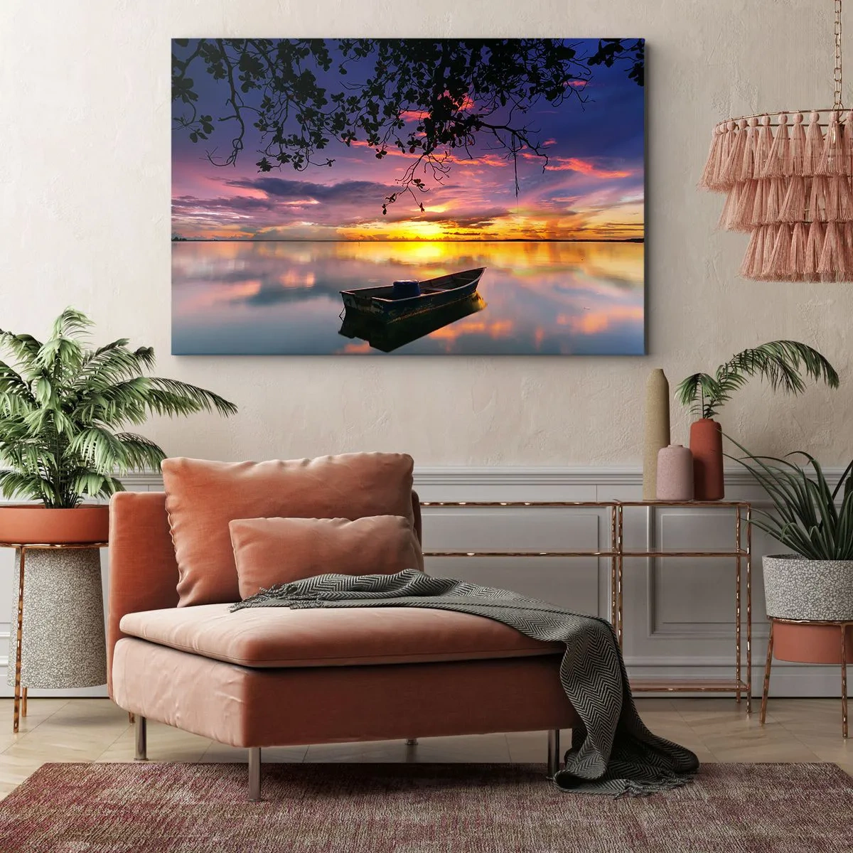 Cuadro sobre lienzo - Impresión de Imagen - Un barco en aguas tranquilas al atardecer. - 70x50cm - Un cielo de ensueño - Decoración de pared moderna para salón y dormitorio ARTTOR
