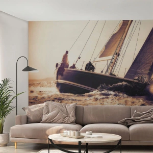 Fotomural Standard Eco - Un velero en un mar tempestuoso a la luz del sol poniente. - 100x70cm - Navega, marinero - Decoración de pared moderna para salón y dormitorio ARTTOR