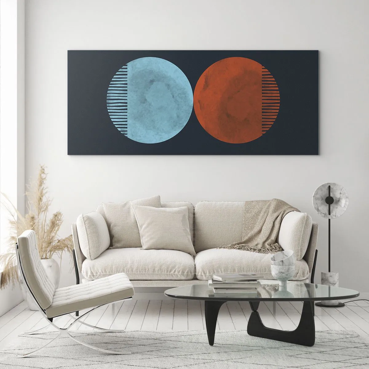 Cuadro sobre vidrio - Impresiones sobre Vidrio - Diseño minimalista de dos ruedas en azul y naranja. - 160x50cm - ¿Solo geometría? - Decoración de pared moderna para salón y dormitorio ARTTOR